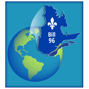 Globus mit ausgerufenem Quebec und Bill 96-Text und Fleur-de-Lis