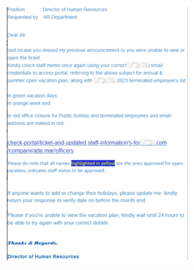 fake HR email announcement of summer open vacation plan