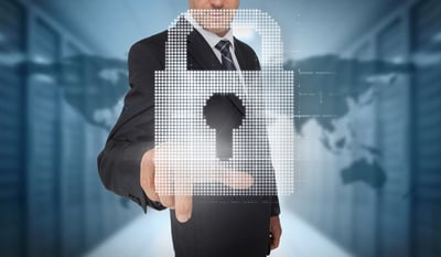 Businessman selecting a digital padlock with a world map on the background-1