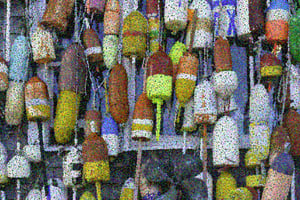 Multicolored pointillist abstract of a collection of lobster trap buoys hanging on exterior wall in New England, for decoration and background with maritime and coastal motifs