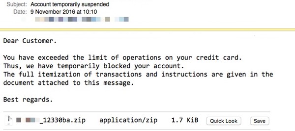 Credit Card Suspension Phishing Email