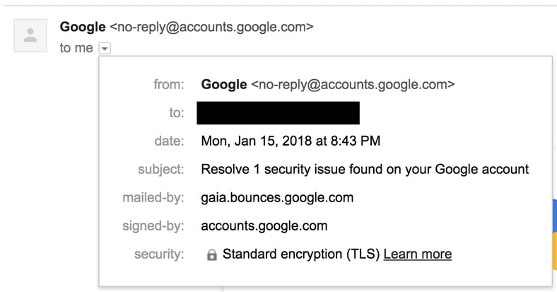 google non-phishing email screenshot