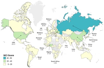 Mapping the global geography of cybercrime with the World Cybercrime Index. Image courtesy https://journals.plos.org/