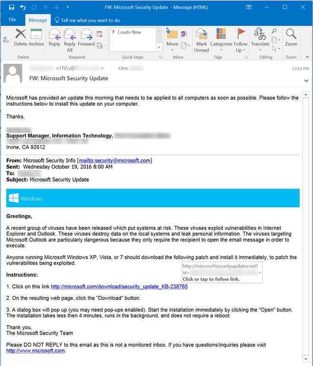 MS Update Phishing Email