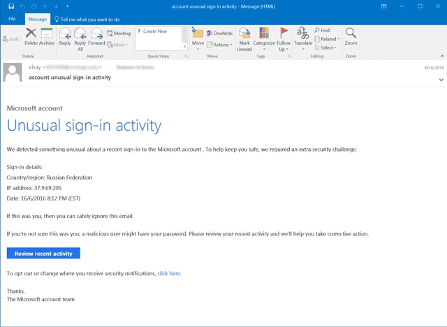 Fake Microsoft Compromised Account Notice