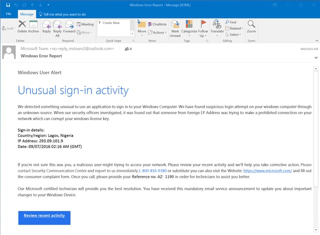 Malicious Windows Warning Email