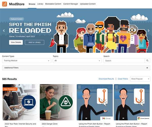 KnowBe4 ModStore homepage with option to sort modules by Content Type, Topic, or by searching. The user has selected the 