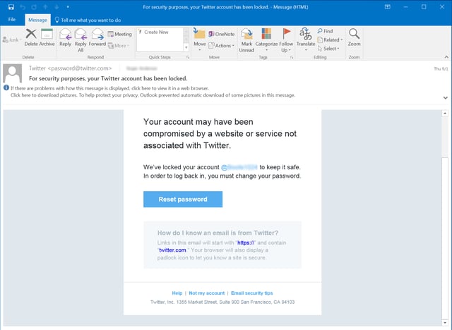 Twitter Account Compromise Email Notice