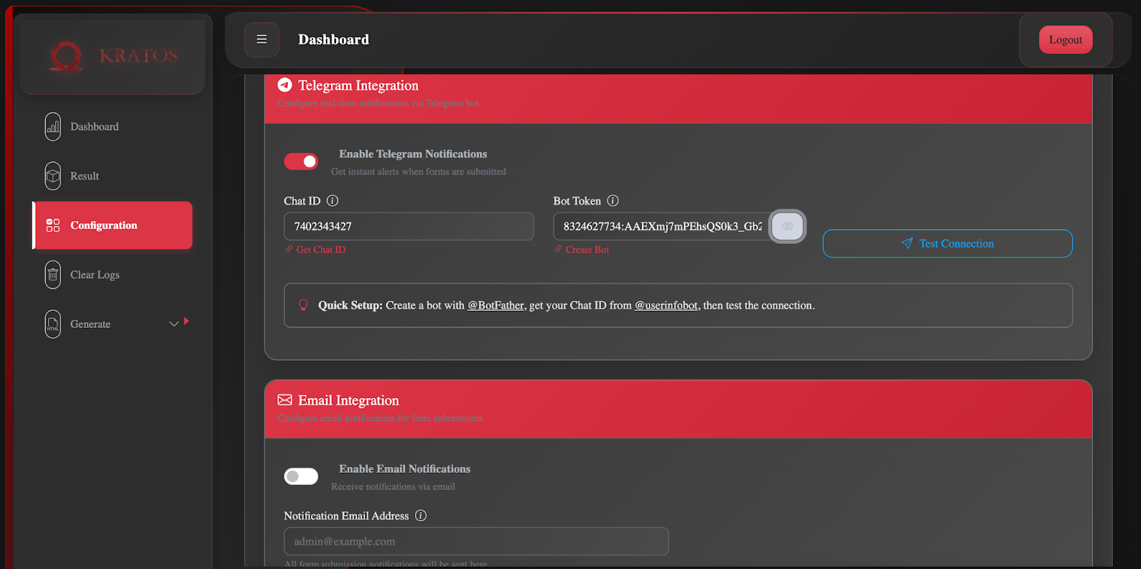 Configuring real-time exfiltration via Telegram Bot API tokens