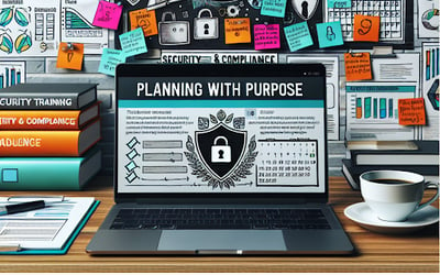 Laptop with calendar in office with books and stickies about security and compliance planning.