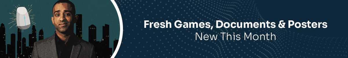 Comic-book style image of AJ from The Inside Man series in front of a city skyline; Text: Fresh Games, Documents and Posters New This Month.