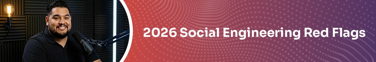 Text: Image of a photorealistic AI-generated man in a dark podcast studio; Text: 2026 Social Engineering Red Flags.