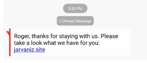 Smishing example of a fake hotel stay message
